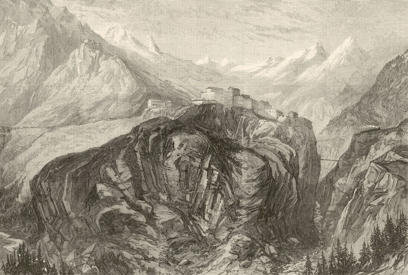 Mont Cenis railway. Fort l'Esseillon at Brabans. Fréjus Rail Tunnel. Savoie 1869